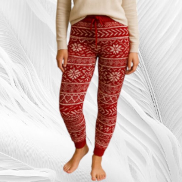 Size: S American Eagle Red Knit Fair Isle Leggings Snowflake Heart Pattern - Picture 1 of 9